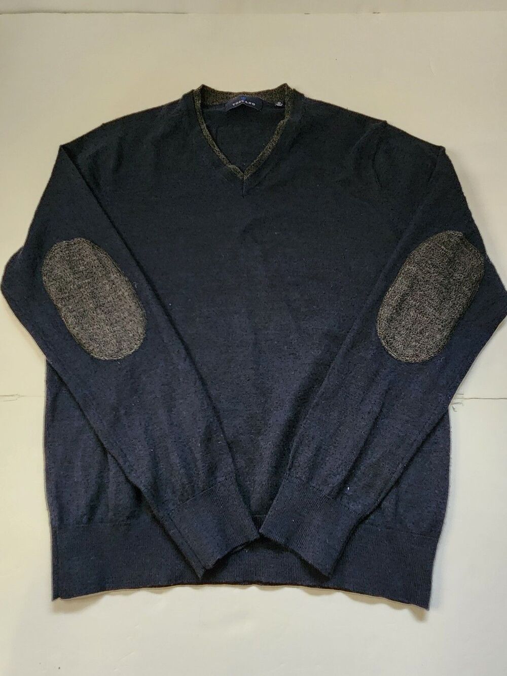 Toscano Sweater Mens Medium Navy Blue Merino Wool Blend V-neck Elbow Patches